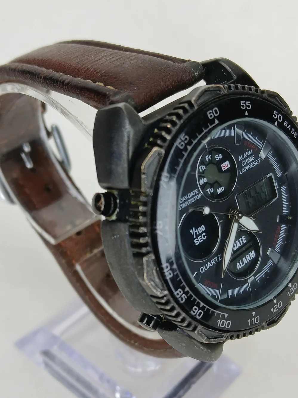 ​Vintage Mens Dual Display Quartz Alarm Chrono Watch Tachymeter Bezel Brown Band